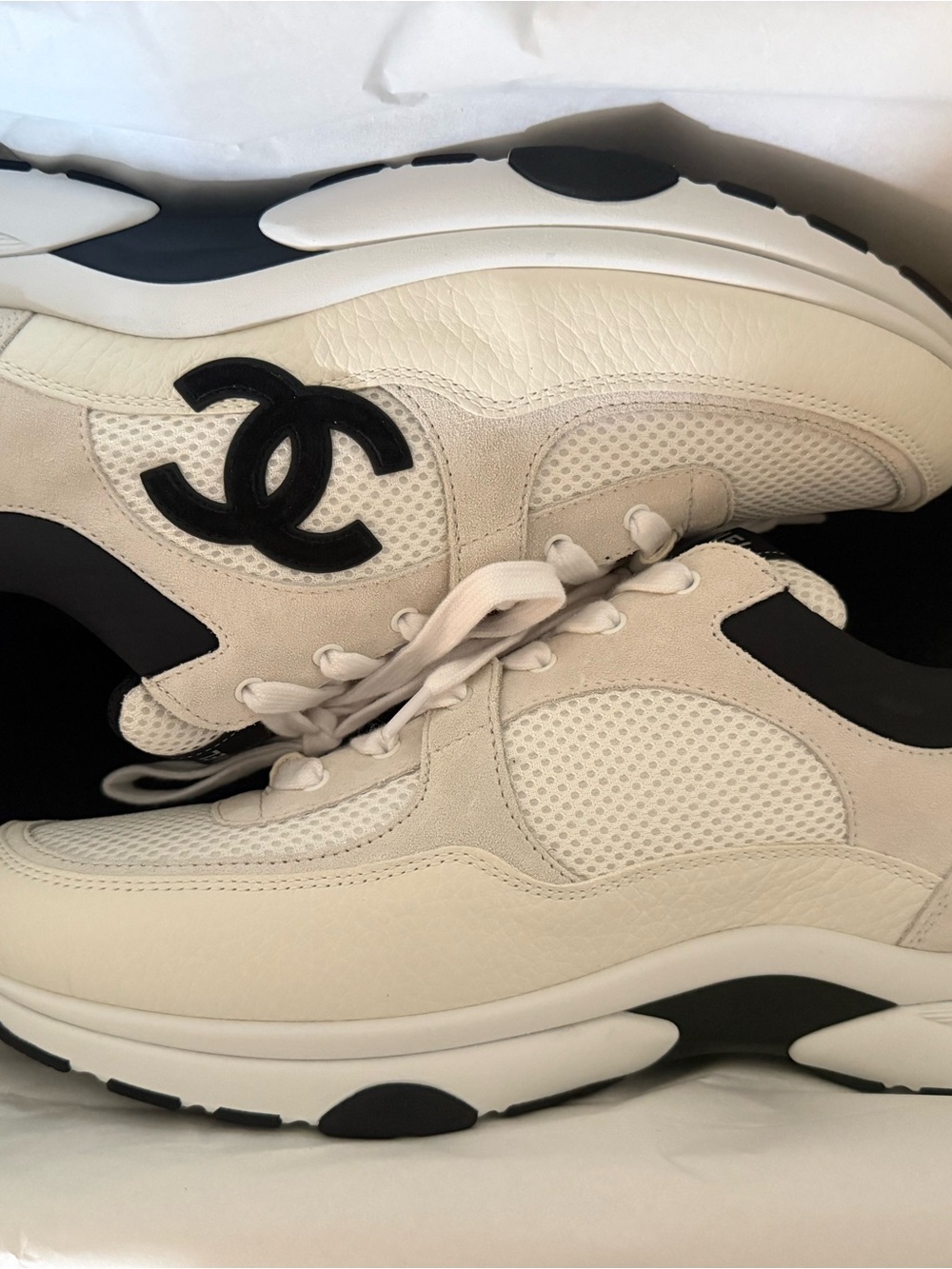 CHANEL Ivory and Black CC Logo Chunky Sneakers